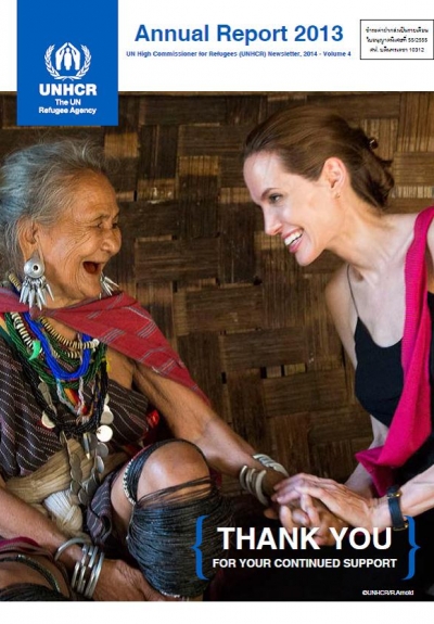 UNHCR Special Envoy Angelina Jolie visits ethnic Karenni refugee Baw Meh, age 75, and her family from Myanmar, in Ban Mai Nai Soi refugee camp. The camp is located approximately two kilometers from the Thai-Myanmar border.  UNHCR/R. Arnold/June 20, 2014